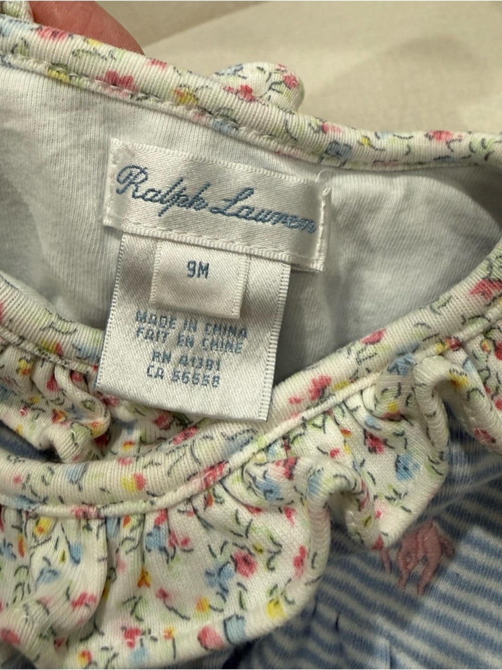 Ralph Lauren Baby Girl Wrap Coverall 9Mo Blue/White Stripe w/Floral Ruffles
